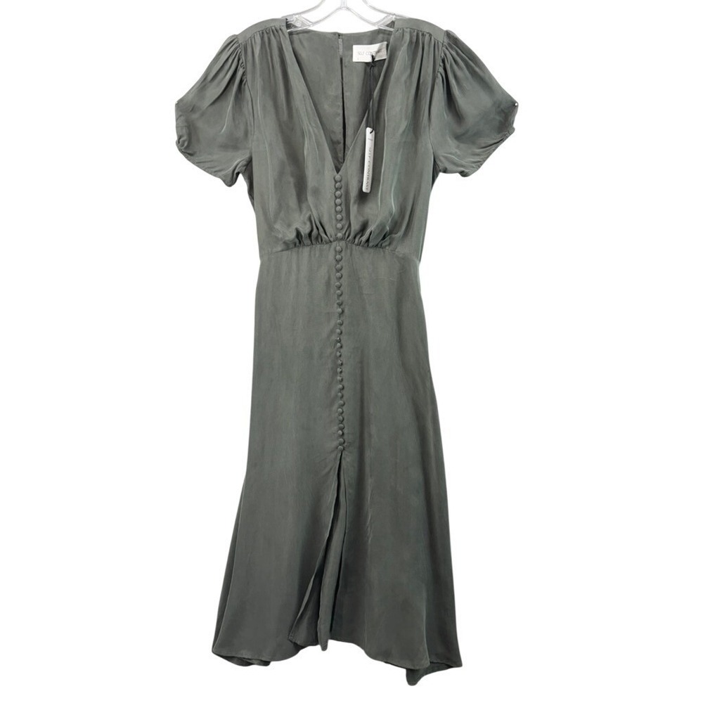 NWT Self Contrast Anthropology Midi Dress Womens Sz S Green Button Front Boho